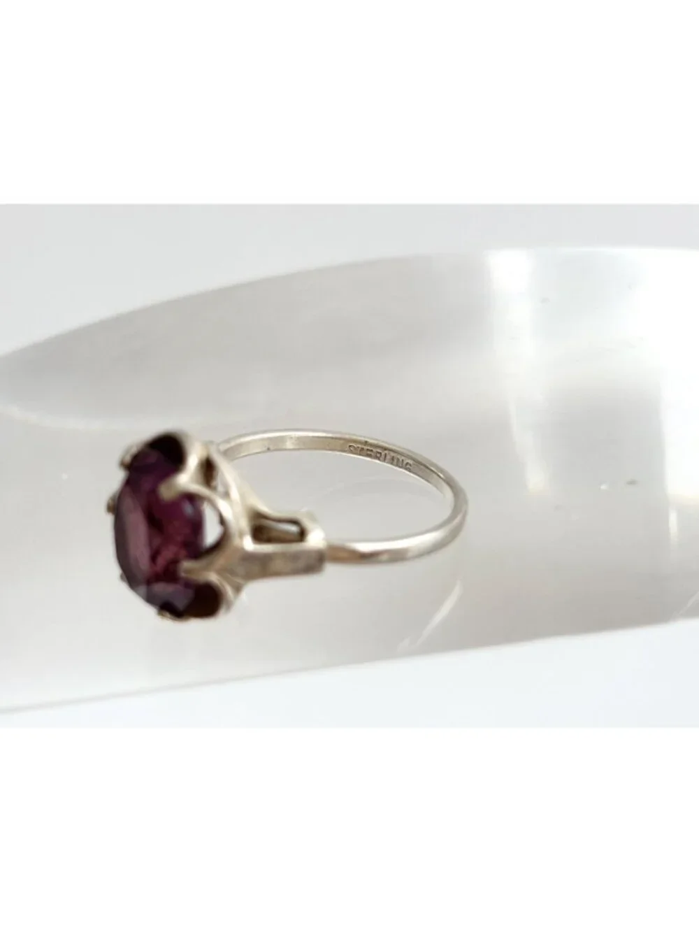 Amethyst Gemstone Scalloped Floral Sterling Silver 925 Vintage Ring - sz 7.5